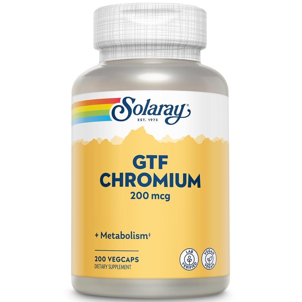 Solaray GTF 铬 200mcg - 纯铬 GTF 200mcg 补编,支持元函数和男女全身健康 - 200 Vegan Capsules
