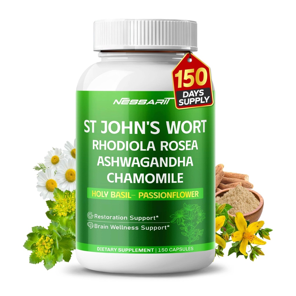 ST John's Wort 14-in-1 Natural Blend with Rhodiola Ashwagandha Chamomille Holy Basil L-Thenine Valerian Passionflower - 150 Counter - 在美国制造和试验