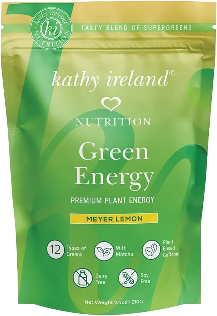 凯西·爱尔兰超级绿地能源粉 清洁能源饮料 与Matcha & Green Tea, Immune & Digestive Support Suppless, No 添加糖, Meyer Lemon Flavor, 7.4 oz