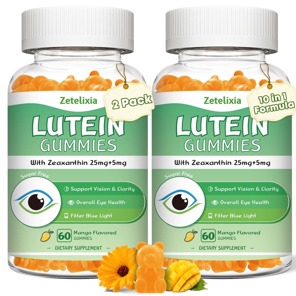 2 Pack Lutein Gummys 25mg, 糖自由Lutein Zeaxanthin 补充 Gummys, 成人眼健康补充, 视觉和蓝光保护眼维生素Lutein, 芒果火焰, 120 Counter