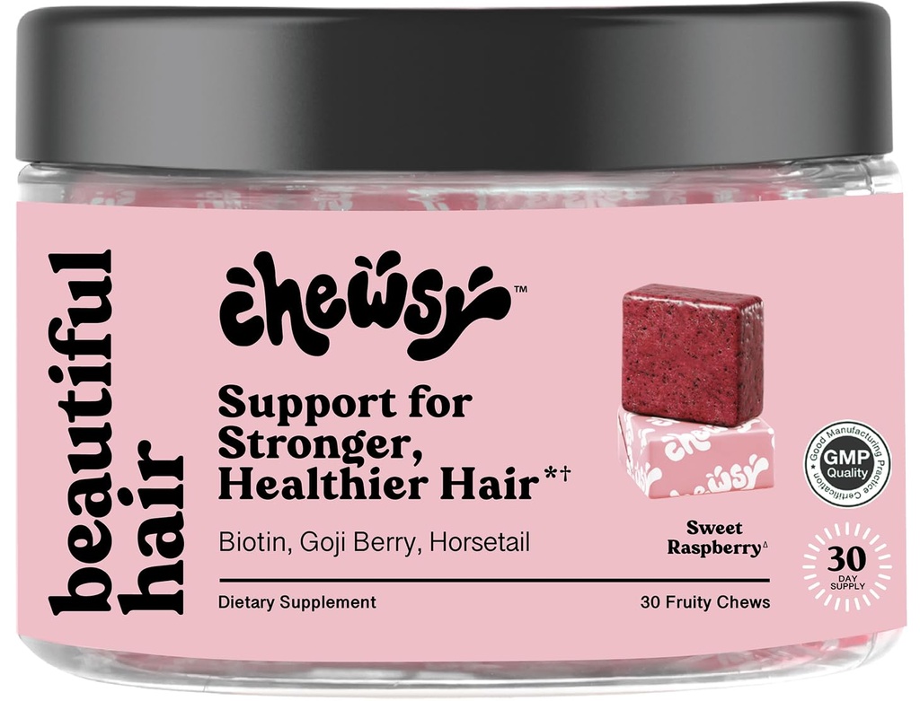Chewsy - 美丽发型 - 支持更强壮,健康的发型 - 配有Biotin,马尾抽取,Goji Berry & Vitamins - Sweet Raspberry, 30日供应