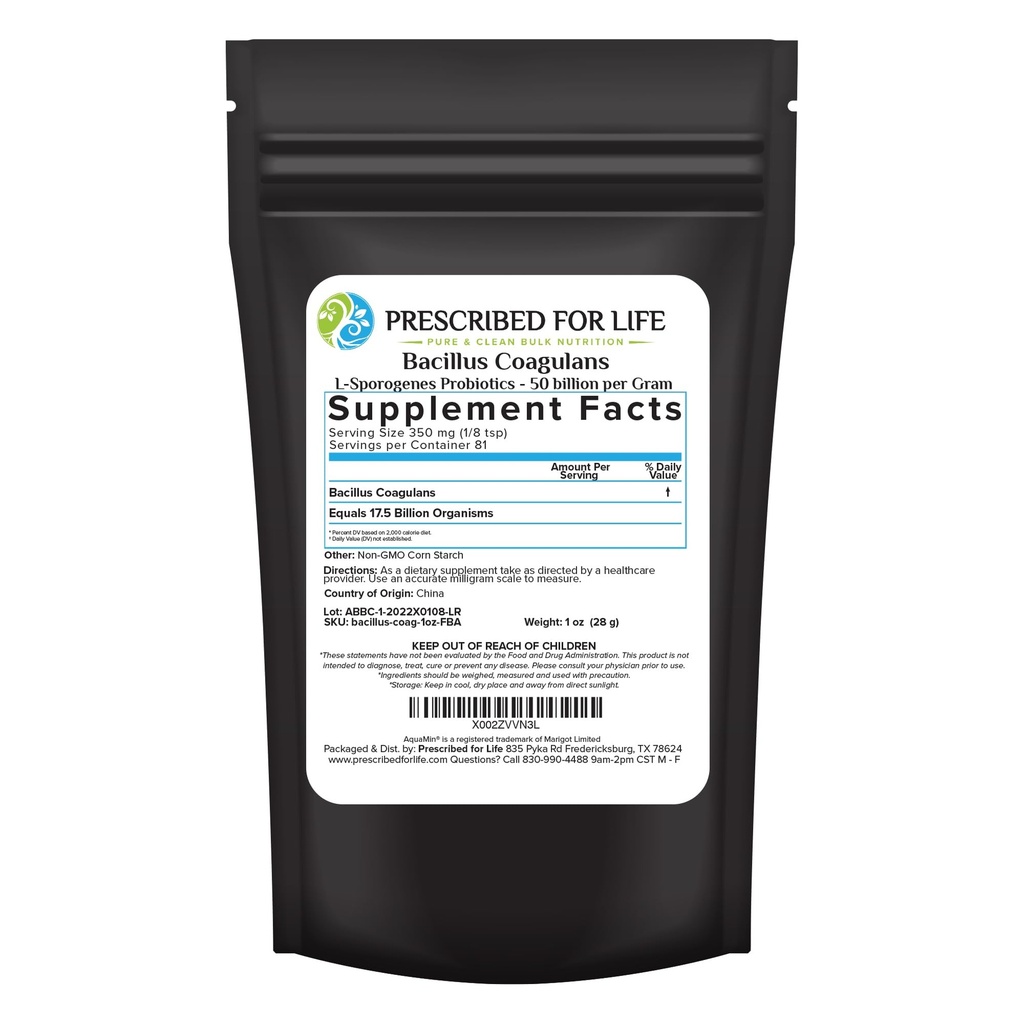 Prescribed For Life Bacillus Coagulans Powder, Lactobacillus Supplement for Gut Health Support, Temperature and Shelf Stable Probiotics, L. Sporogenes (50 Billion/Gram) (1oz / 28g)