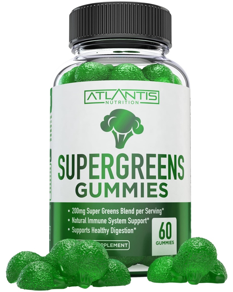 亚特兰蒂斯营养超绿色(Supergreens Gummys) - 每日绿色超食品补充品,配有菠菜,布罗科利,莫林加,甜菜根,芹菜,绿茶,和Acai 豁免支持 - 天然Raspberry Flavor, 60 cmt