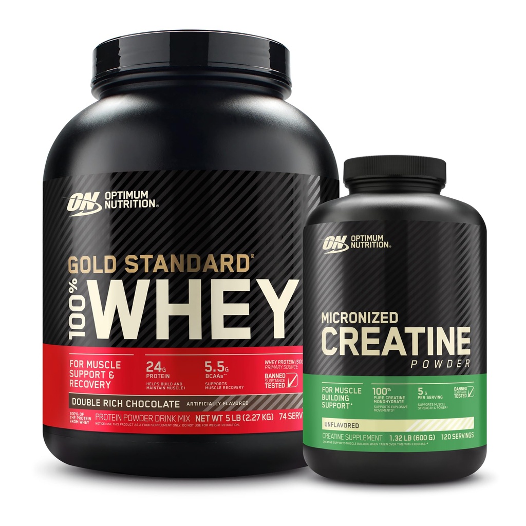 最佳营养 100% Gold Standard Whey蛋白粉:双富巧克力(5英镑) 配有微量化的Creatine Monohydrate Powder, 不受欢迎(120种服务) - Bundle Pack