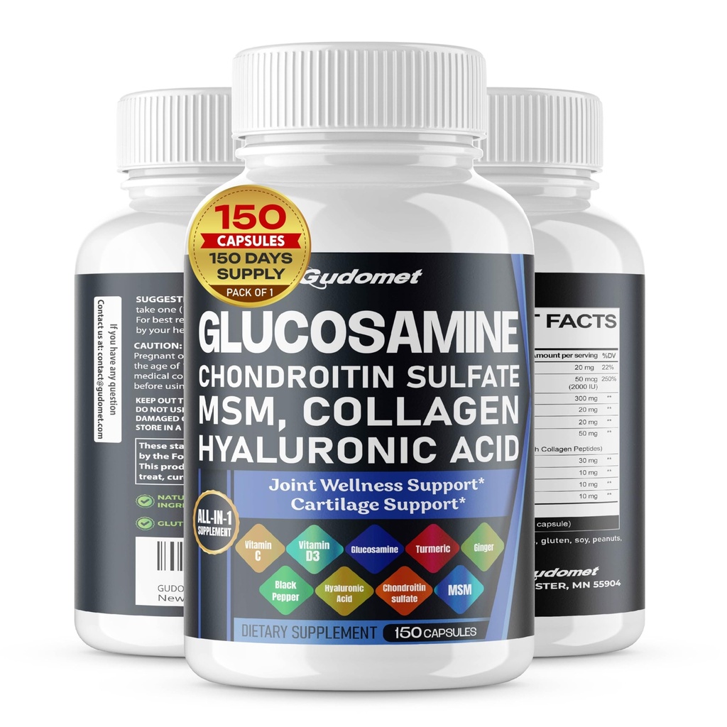 Glucosamine Chondroitin 磺酸甲酯 甲基磺酰甲烷 Hyaluronic酸 生姜 维生素 C, D3, Black Pepper - 150 Capsules - 在美国制造