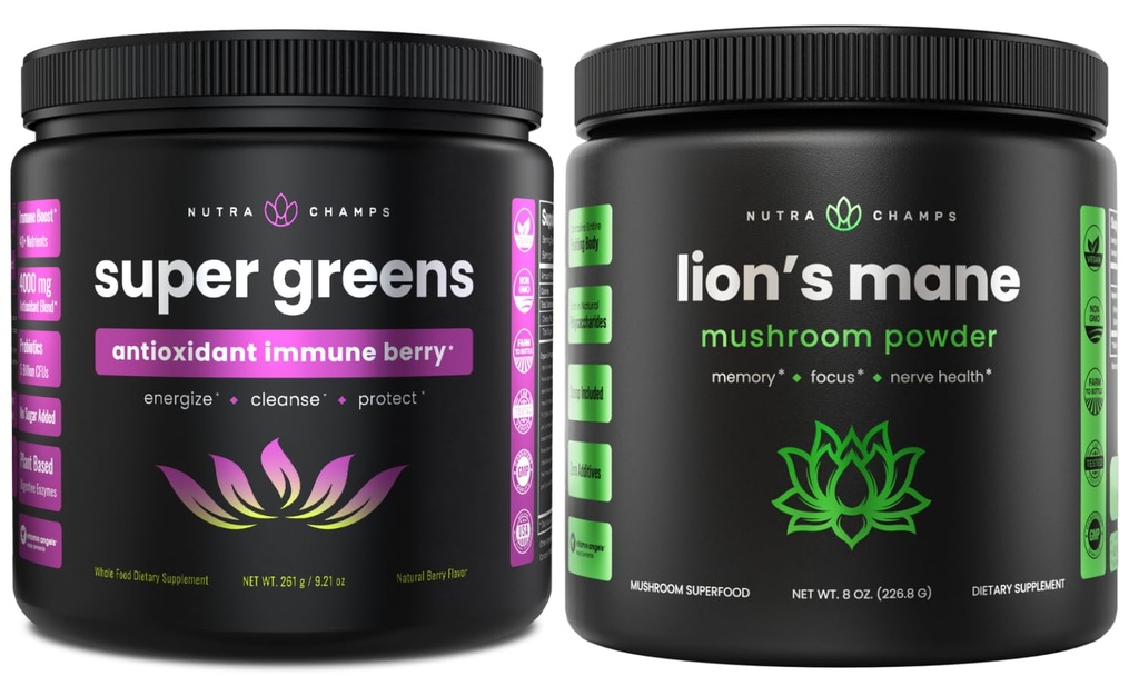 NutraChamps 超级绿地抗氧化剂 & 狮子的芒果粉. 消化、豁免和适应原体支持