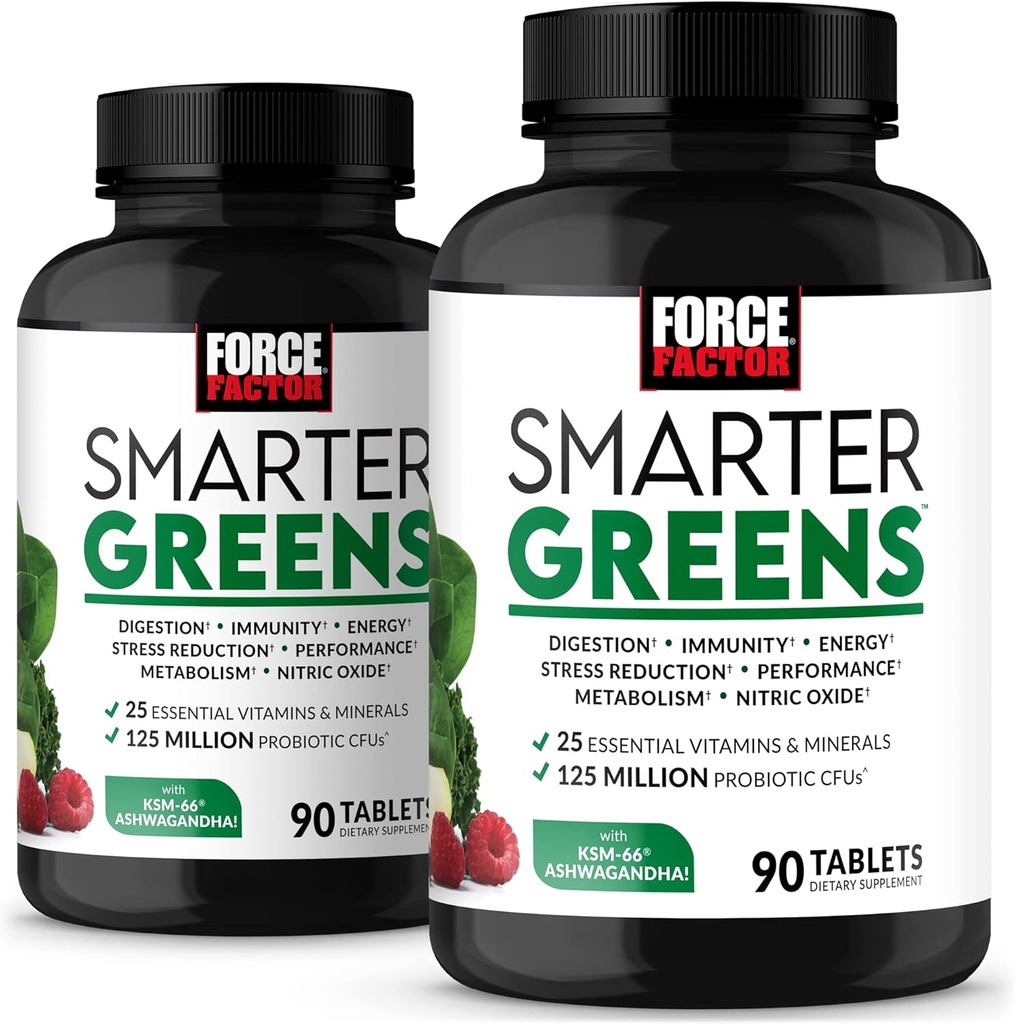 FORCE FACTOR Smarter Greens Plaints, 2-Pack, Greens 补编,配有25+超食品和抗氧化剂,以改善文摘,减少压力,加强豁免和支持代谢,180平板