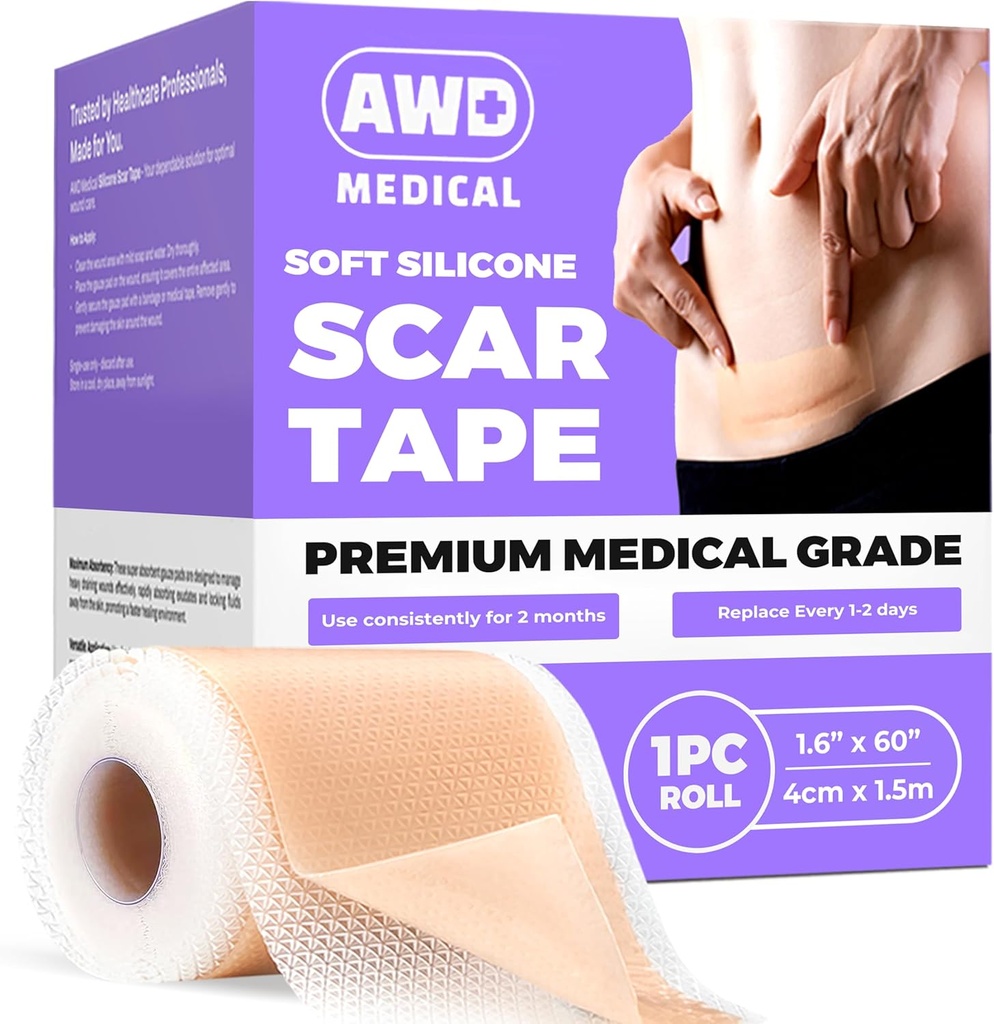 AWD Silicone Scar Speads for Survical Scars - 无缝医疗级 Silicone Scar Tape for C 科, Tummy Tuck Tape - Silicone Skin Patches before Survictory Must Haves (1.6"×60"无缝卷)
