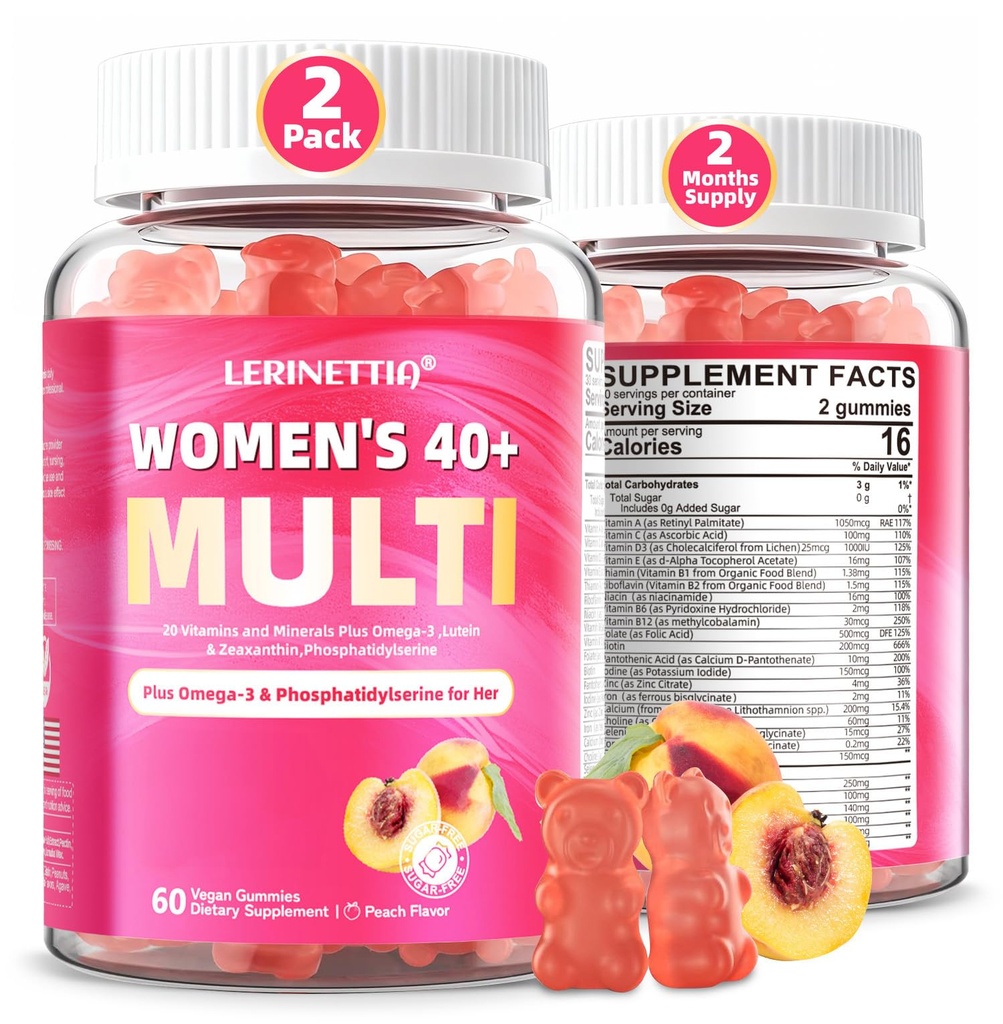 女性Gummys的多维他明40+与Omega-3,Niacinamide,B-Complex,Lutein,Iron,Choline,Phosphatidylserine,Vitamin D3用于皮肤,头发,能源,Immune,Bone - Vegan,无糖,120Cts