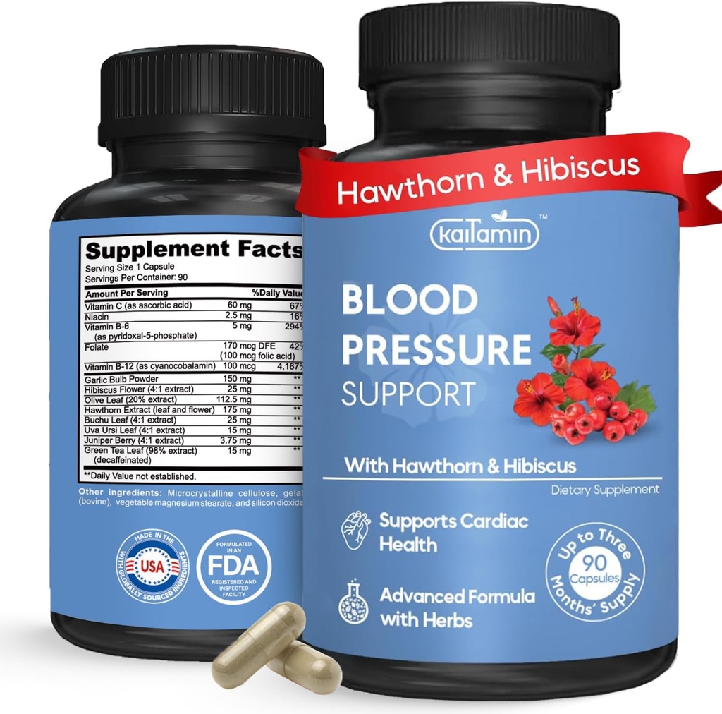 血压支持补充剂 — Natural Hawthorn, Hibiscus, Garlic & Olive Leaf — 心脏健康与循环支持 — B12, B6 — Vegan, Non-GMO — 90 Caps (3-Month Supply)