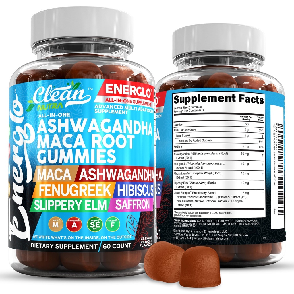 Ashwagandha Maca Root Gummys 配有 Fenugreek Hibiscus Slippery Elm Saffron 提取 & Beta Carotene 的 Peach Flavor Vegan Gummy 维生素 适配体 Cortisol 补充 Energlo 由清洁 Nutra 制作 。