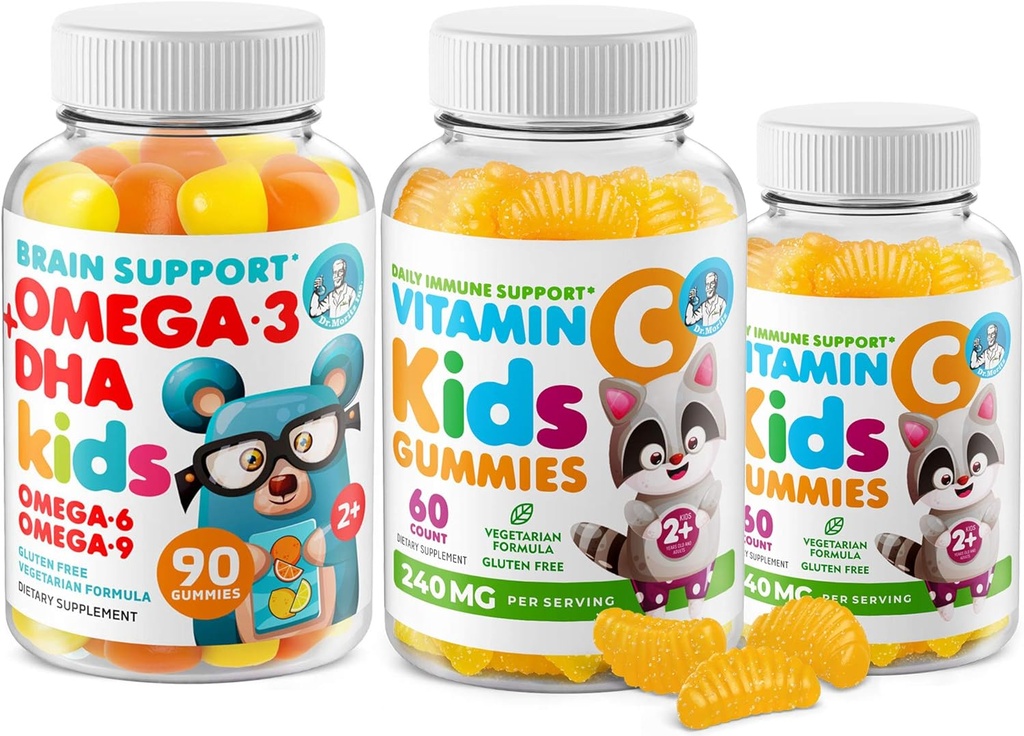 Omega-3 DHA Gummys & Vitamin C Gummys for Kids & Adults – 免疫支持,低Sugar,无盖拉汀,蔬菜,可食用维生素为托德勒斯.
