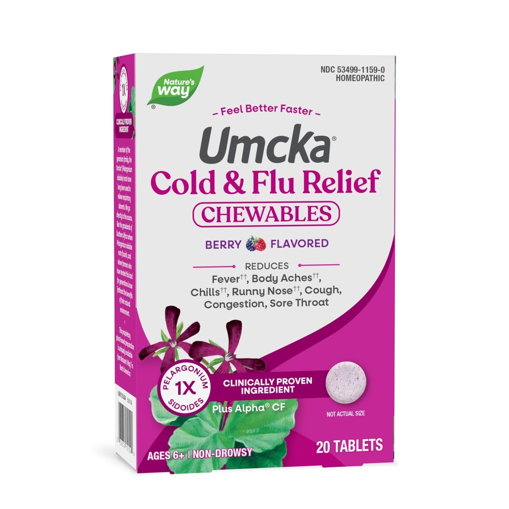 自然之道 冷+Flu 救济,Umcka, 缩短持续时间和减少热度, 多同位素救济, 顺势疗法, Phenylephrine Free, Non-Drowsy, Berry Flavored, 20 Chewable Taps (Package May Vary)