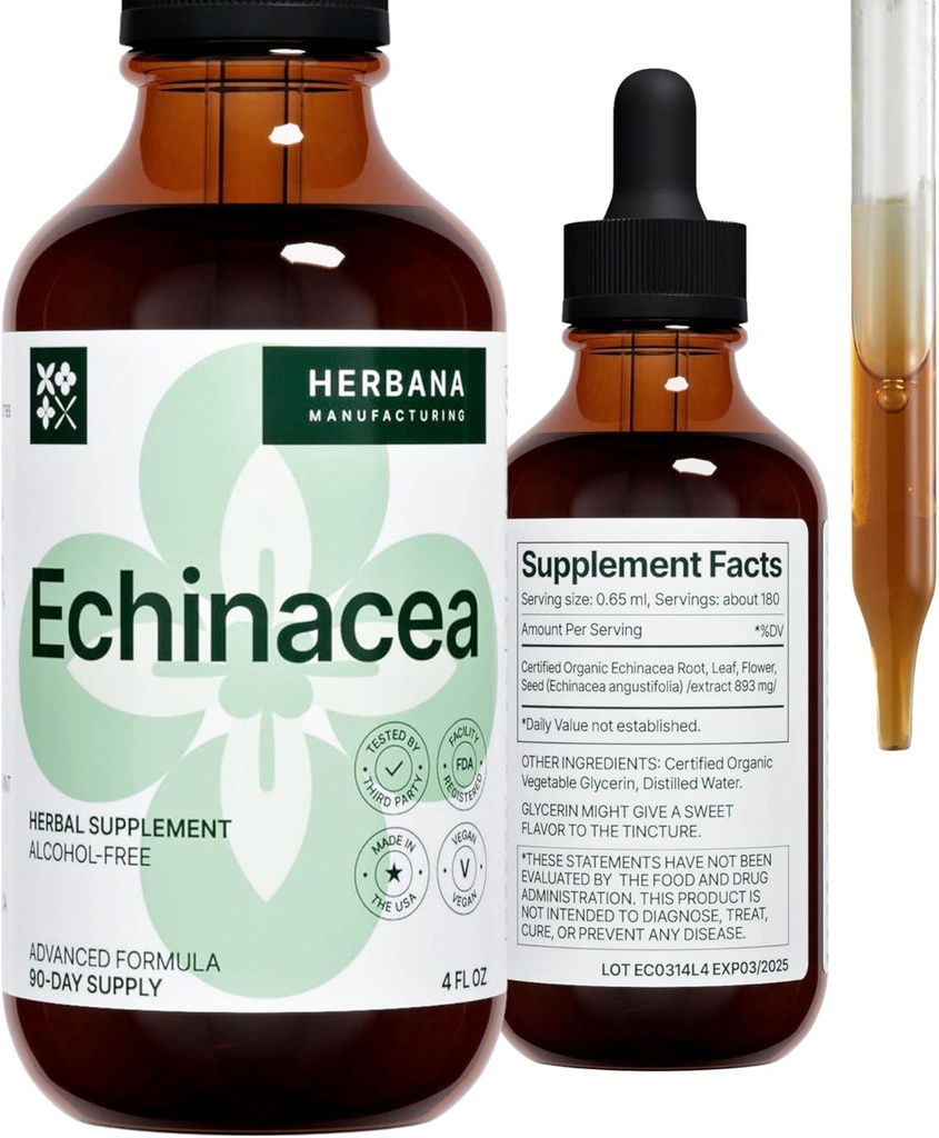 Echinacea 4 fl oz 液体提取 - 有机根,叶,花,种子 - 天然草药补充剂 - 身体,免疫系统支持叮当 - 高潜滴 - 90天供应 - 家庭大小