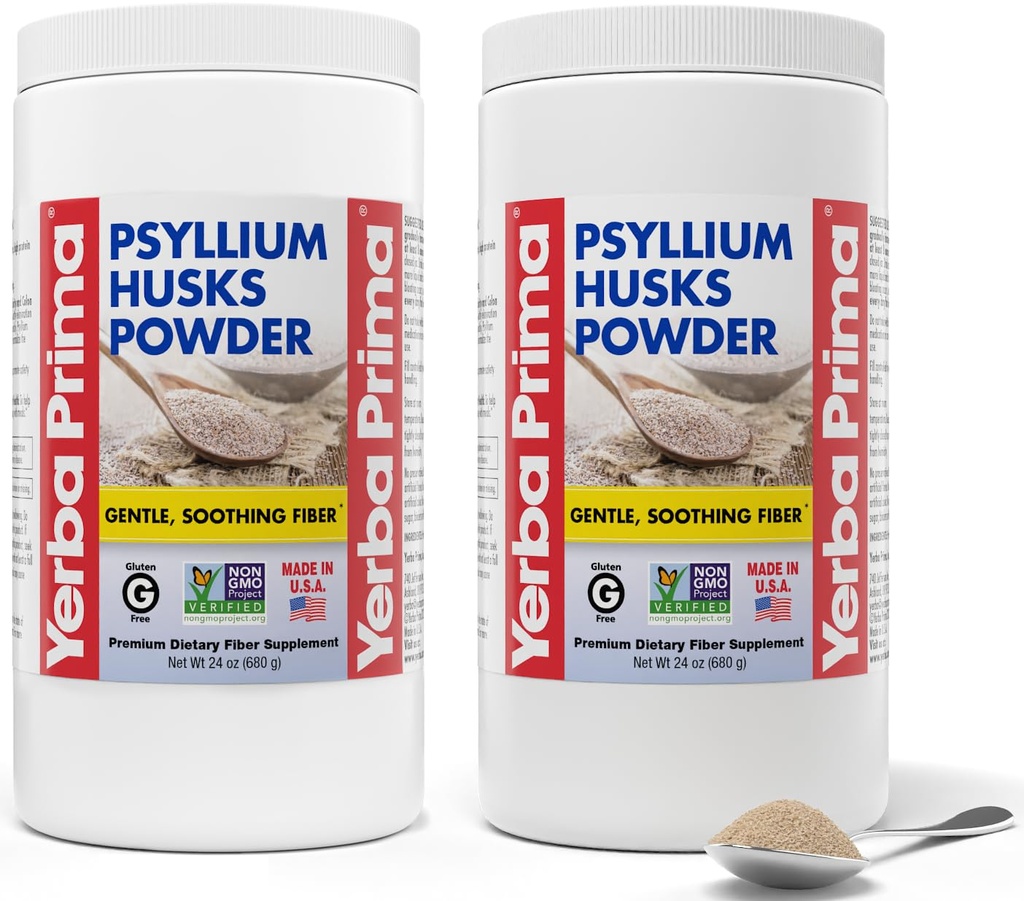 Yerba Prima Psyllium Husks 粉末 - 24 oz(包2) - 无味 - 精细地面 - 天然纤维补充剂,含溶性与不溶性纤维