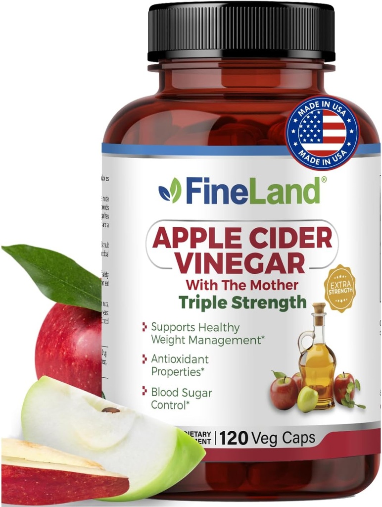 FineLand Apple 苹果苹果酒 葡萄酒 葡萄糖 配有"母亲与亲生素" – 120 Veggie Capsules – 每杯1600mg Eq. – 消化剂,Detox & Gut Health Supports – Non-GMO, 100% Vegan Made in USA