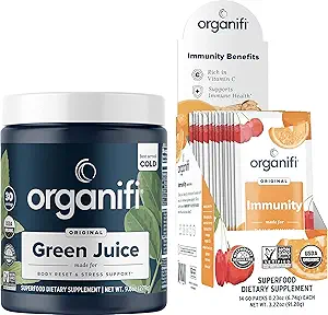 Organifi Green Juice 超级食品粉(30份服务)和豁免饮用混合物(14份包) 维生素C、维生素D、锌、排毒清洁剂、压力救济和豁免支助 -- -- Gluten Free、Vegan、全食品