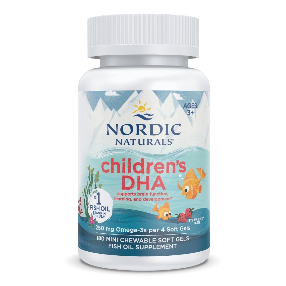 北欧自然儿童DHA,草莓 - 180 Mini Chewable Soft Gels for Kids - 250 mg Omega-3 与EPA & DHA - 大脑发育与功能 - 非GMO - 45 服务