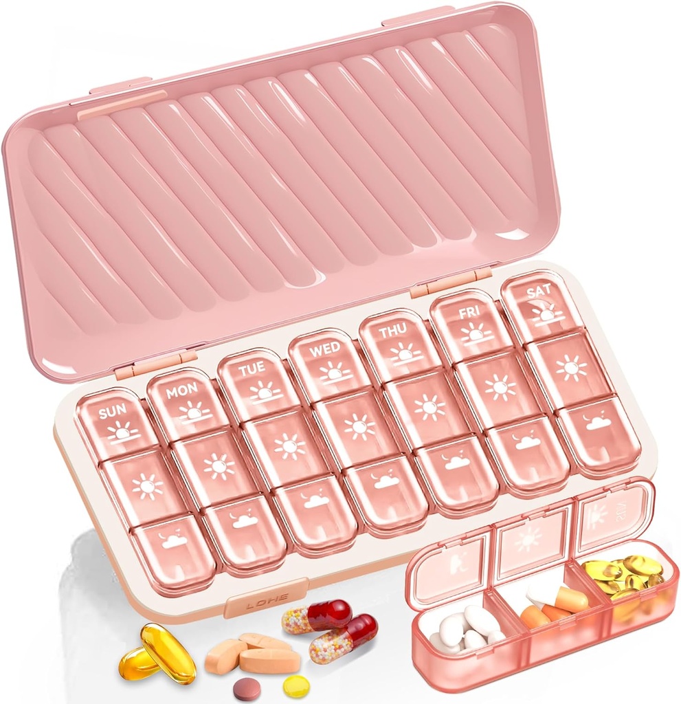 药丸组织者 3 Times A Day, 7 Day Pill Box - GloDeals Weekly Pill 组织者,可移动可移动每日药品容器消毒器案 维他命鱼油补充剂,粉红色