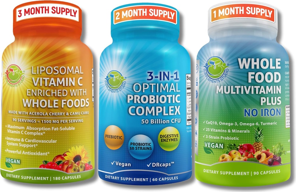 Gut Health, Absociation, Energy & Nutrient Support – 3-in-1 配有消化酶+ Liposomal Vitamin C 1500mg + 全食 多维他命无铁 - Vegan, 非GMO, 清洁健康支持