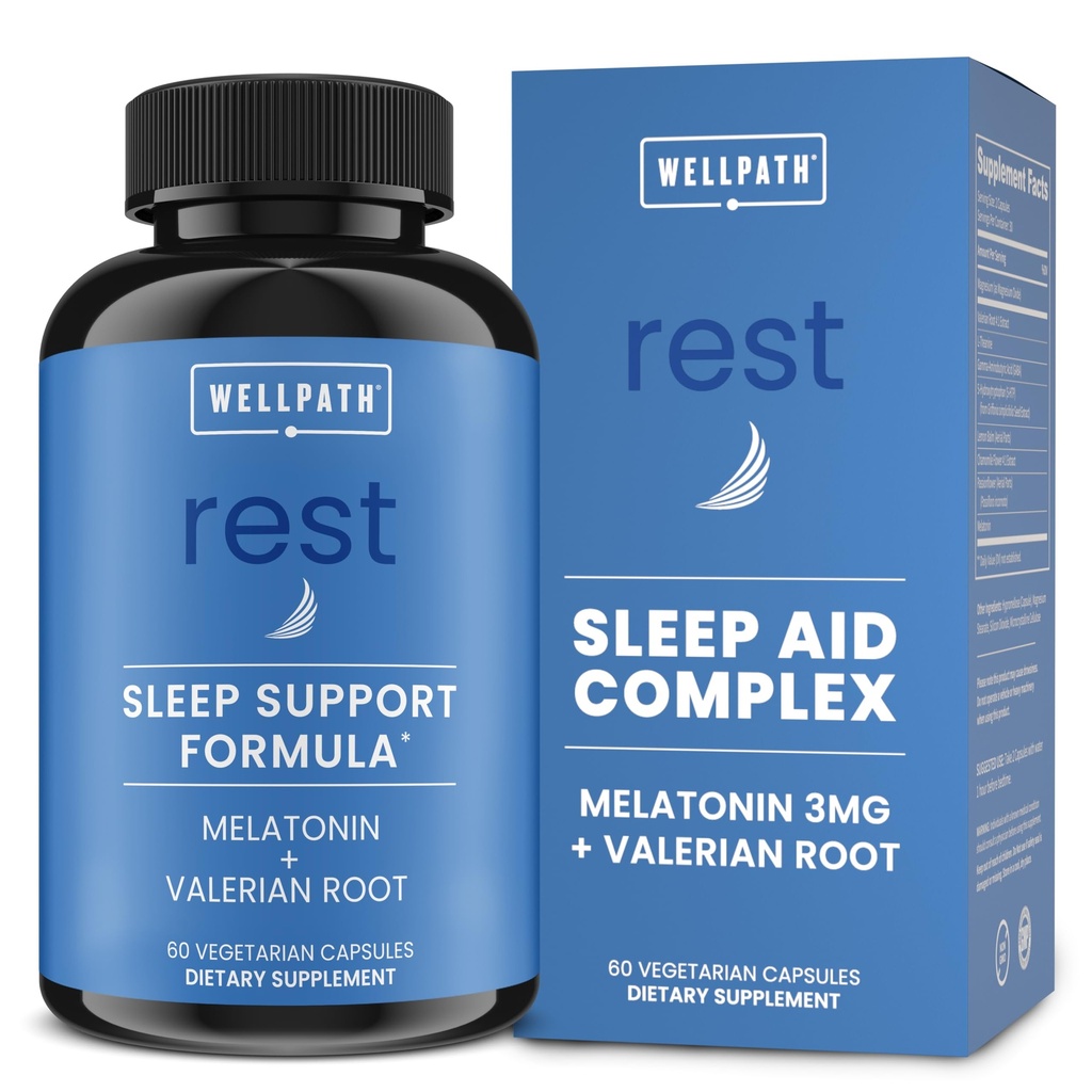 与Melatonin & L-Theanine & L-Theanine & 天然和草药一起为成年人提供WellPath Rest Valerian根睡眠援助