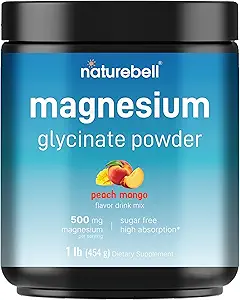 NatureBell Magnesium Glycinate Powder 500mg, 1lb (16oz) 100% 高吸附性切除 | Peach Mango Flavor | 支持肌肉,骨和心脏健康 | 无糖,无苦味,非GMO, Vegan
