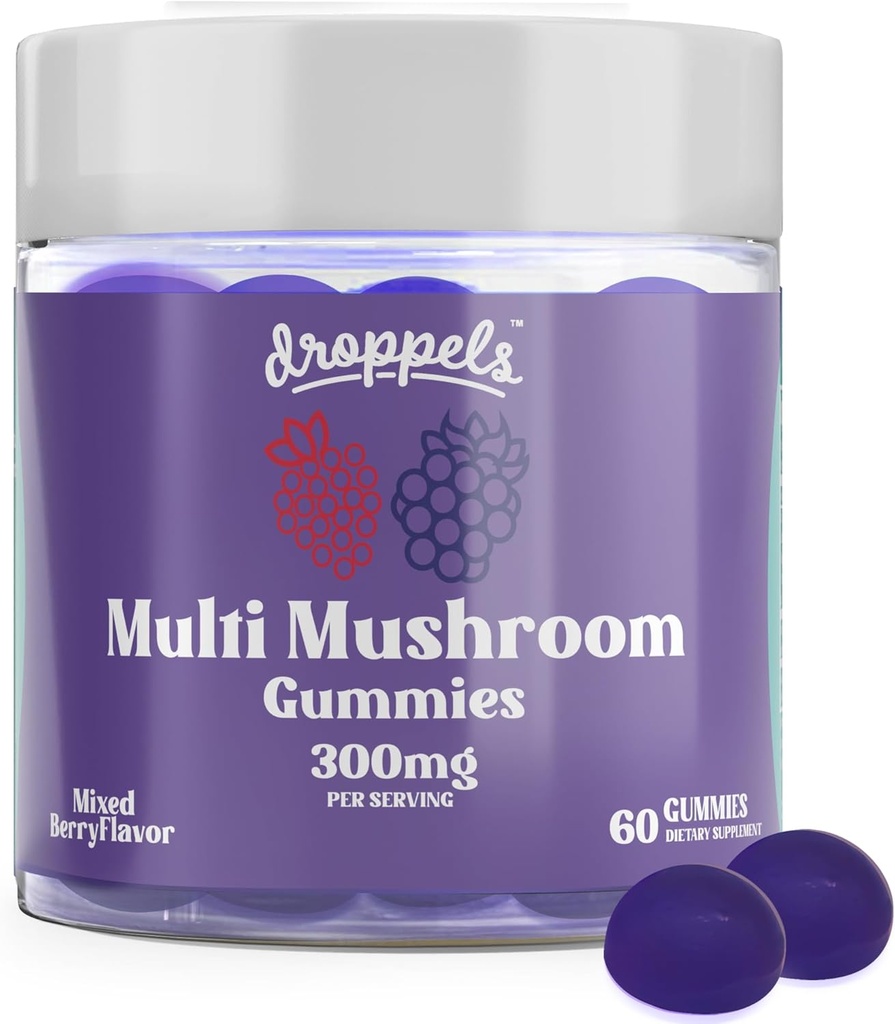Droppels 多蘑菇口香糖 维冈、佩丁和Non-GMO Maitake、Shiitake、Turkish Tail、Chaga、Reishi和Lion's Mane Supplement QQ Mixed Berries Flavor, 60 Counter