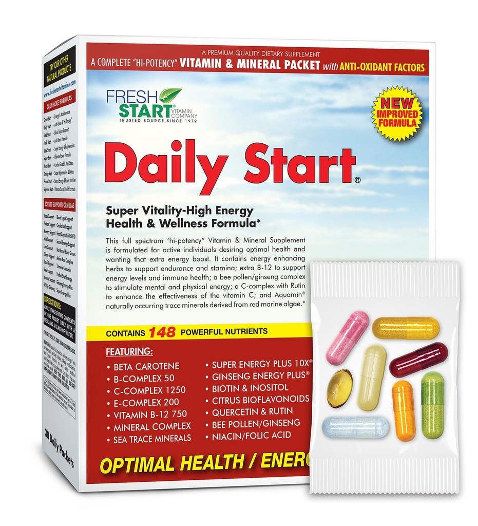 Daily Start Complete Daily Vitamin Pack 10X Energy & Stamina Booster 维他命 A, B, C, D, E, B12, 矿产, Ashwagandha, Panax Ginseng, Yerba Mate, 绿茶(30包)