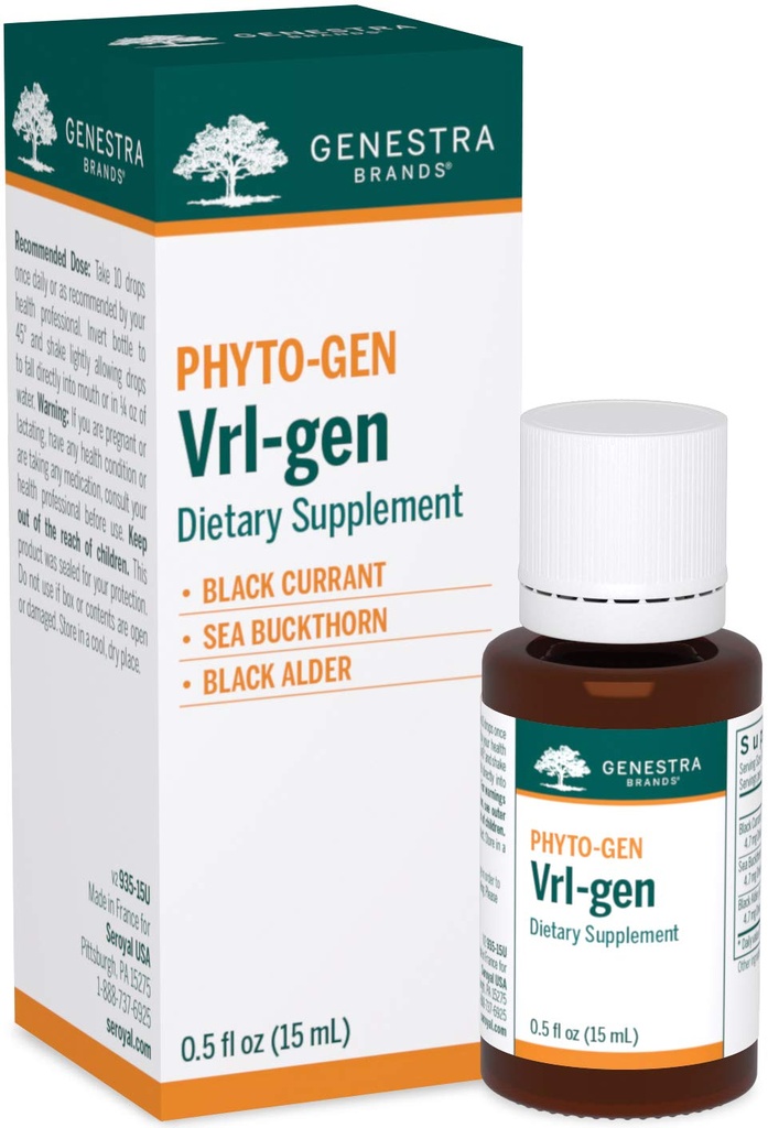 Genestra Brands Vrl-gen QQ Black Currant, Sea Buckthorn, and Black Alder Herbal Supplement QQ 0.5 fl. oz. (原始内容存档于2017-03-01) (英语).