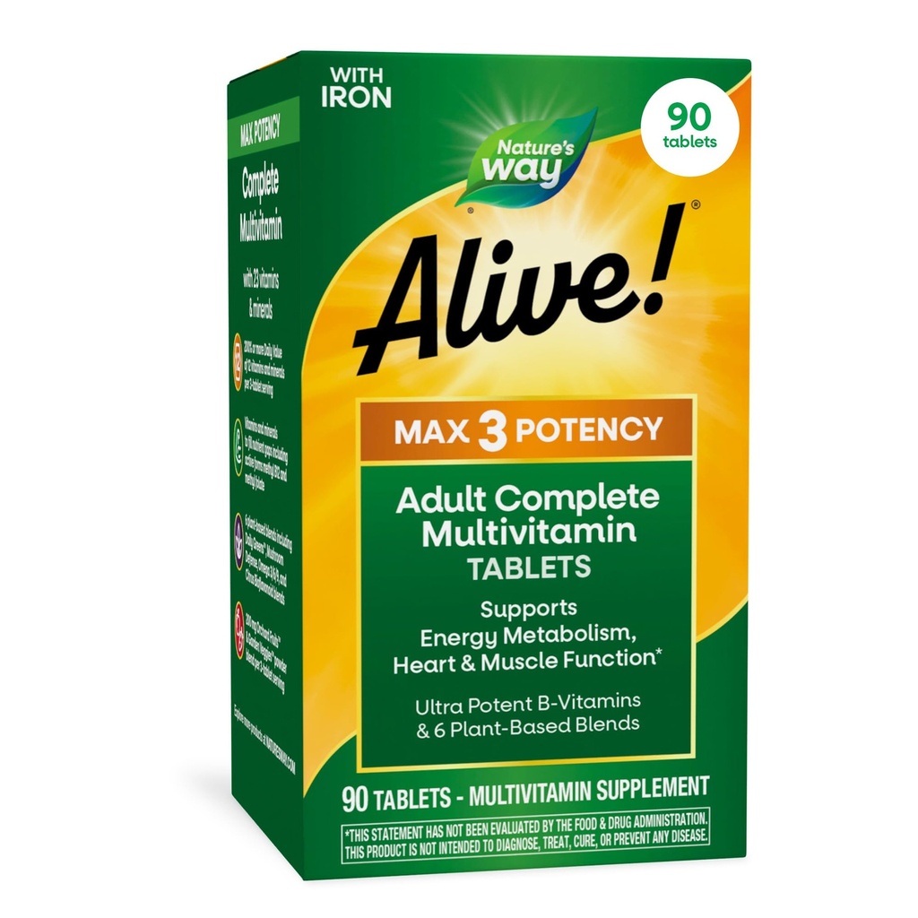自然之道还活着! Max3 Potency Daily Multivitamin, 甲基化B12和Folate, 支持能量代谢的超Potency B-vitamins*, 90片