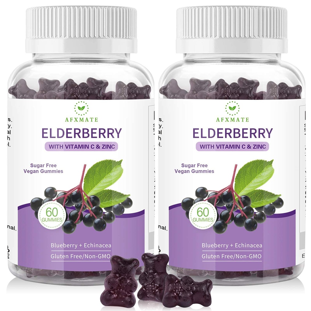 AFXMATE Sambucus Black Elderberry Gummys 配有锌和维生素C的成人儿童免疫支持,无糖120个伯爵