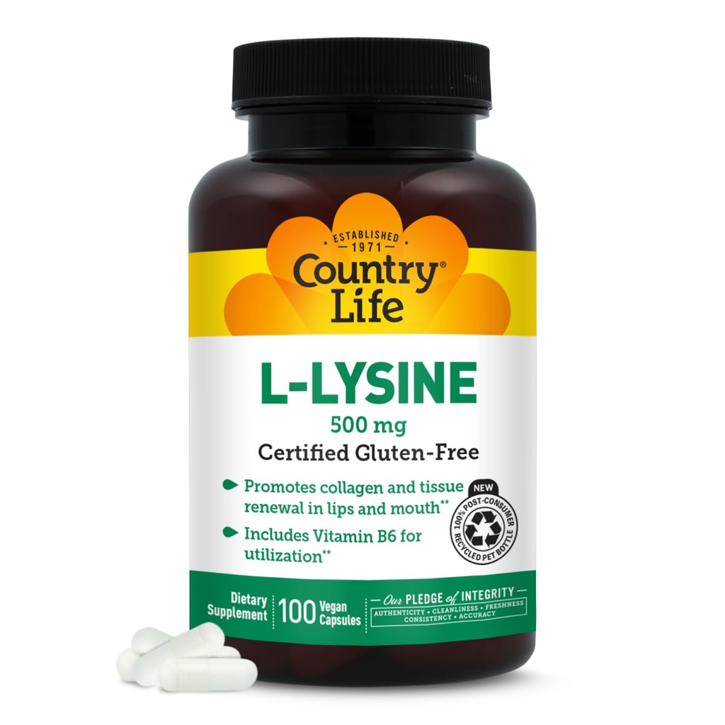 乡村生活 L-Lysine 500mg 配有 B-6, 支持免疫健康, 促进唇和嘴中的凝胶更新, 100 Vegan Capsules, 认证 Gluten Free, 认证 Vegan