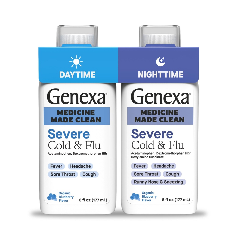 Genexa Clean Cold & Flus Daytime + Nighttime Special Relief, Dye Free, 0% 人工添加剂, Acetaminophen Fever Reductioner, Cough Spant, Antihistamine, 有机蓝莓火焰, 12 fl oz(2包)