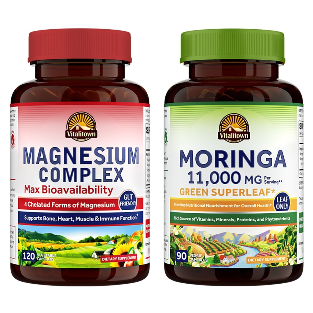 Vitalitown Magnesium + Moringa Bundle (Pack of 2) + 镁复合体(项目1) + Moringa (项目2) + 120 镁胶囊和 90 莫林加胶囊