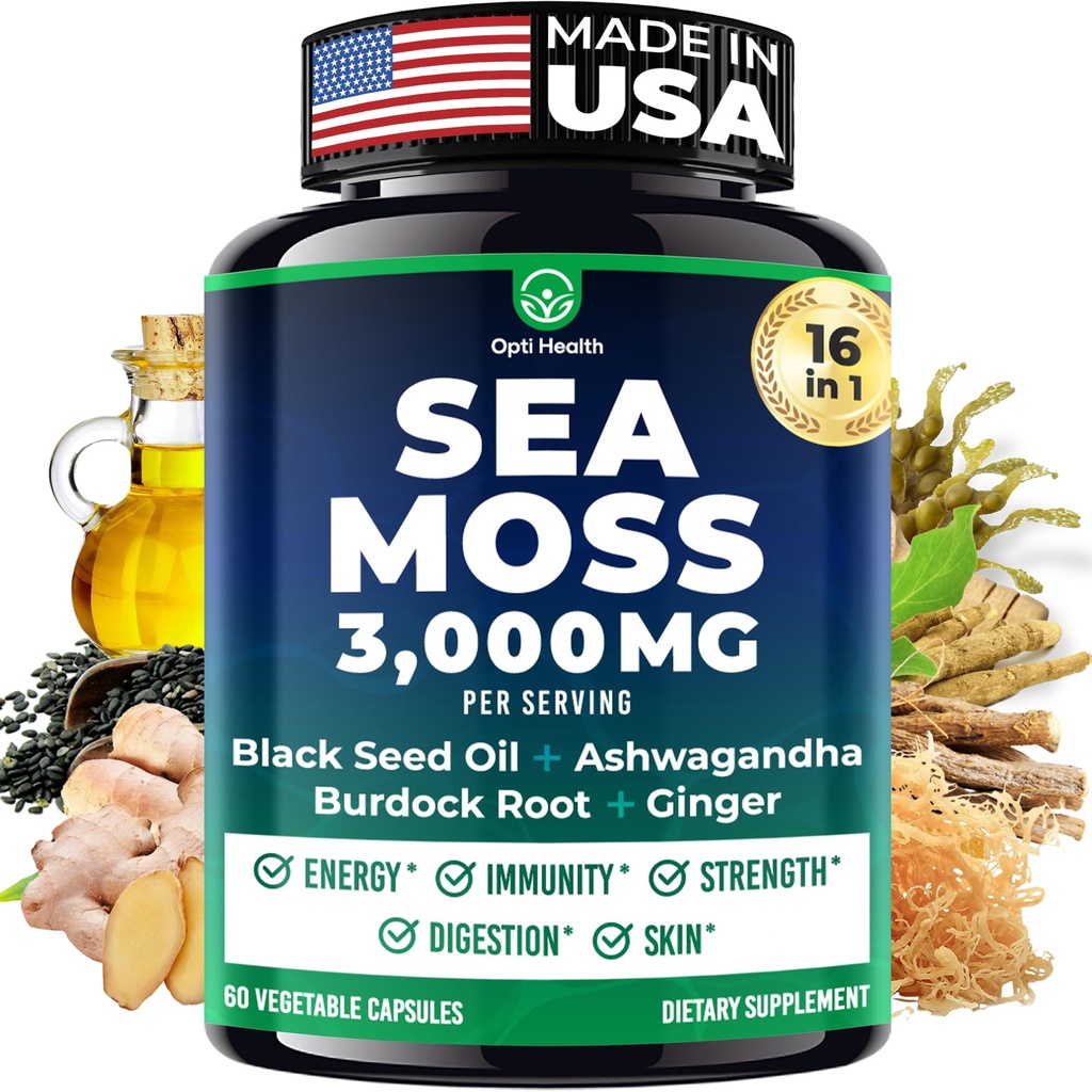 Sea Moss 黑种子油 Ashwagandha Ginger - 高级爱尔兰海 Moss Capsules All in One Supple of Seamoss 黑种子油 Ashwagandha Burdock Root Bladderwrack - 能源药丸 Immune, Gut