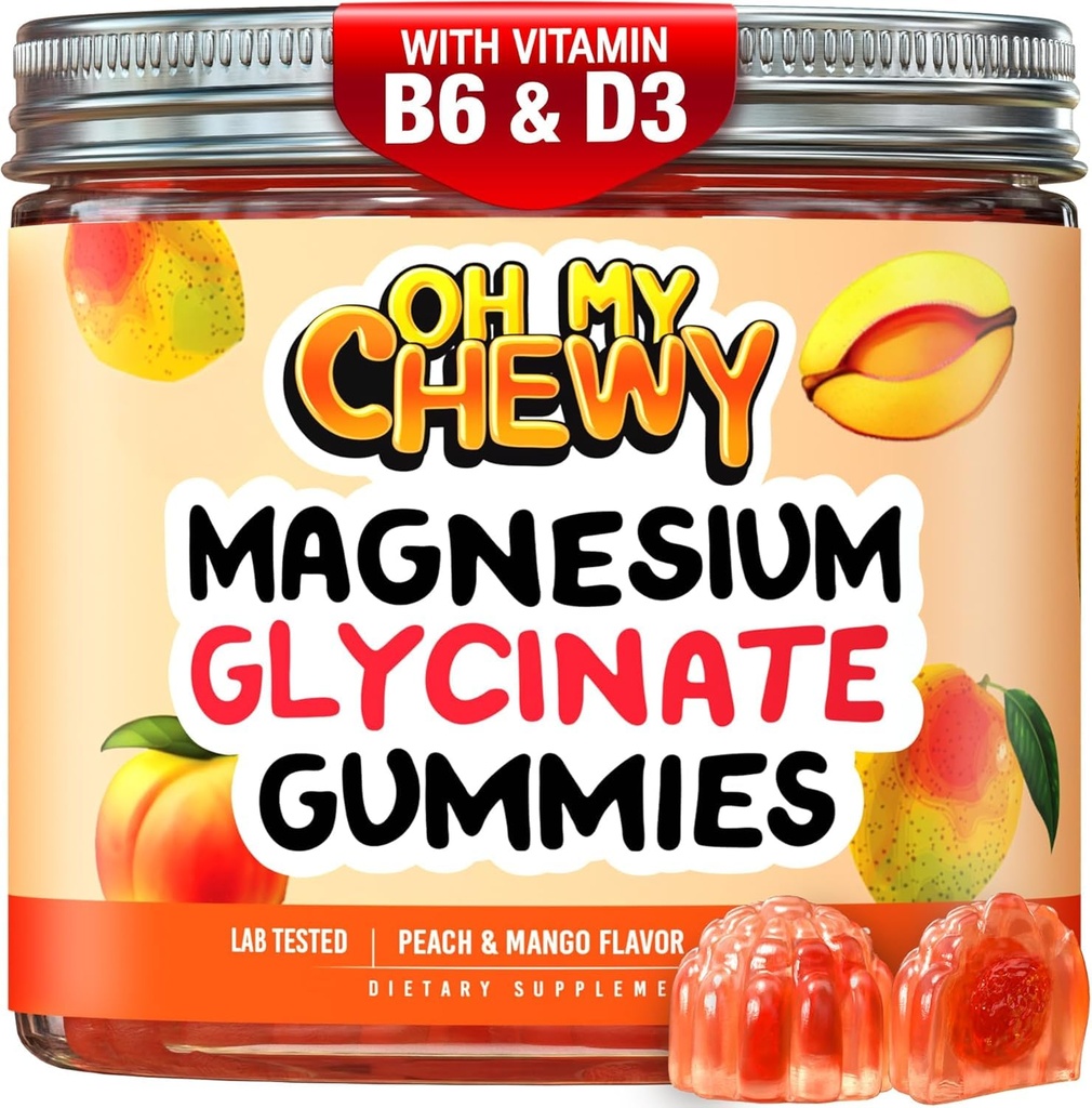 Center-Filled Magnesium Glycnate Gummys 400MG - 儿童、青少年和成年人的高吸收率 - 睡眠、冷静和肌肉放松补充B6 & D3 - Gluten Free & Vegan Friendly - 60 Counter