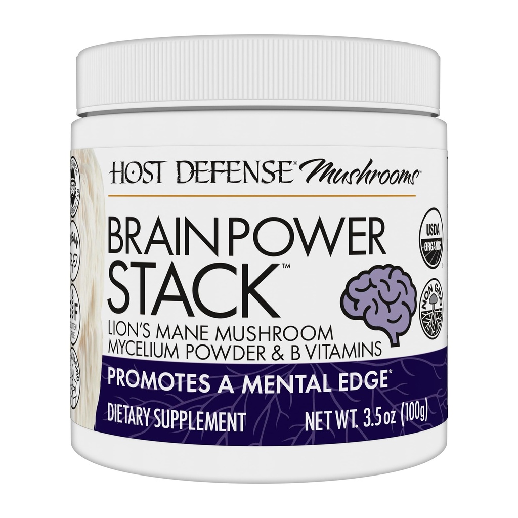 主机 Defense BrainPower Stack Powder - 定向脑支持补充 - 粉末蘑菇补充 配有狮子马内,Niacin(B3)和维生素B12 - 草药脑支持 - 100g (66 services) *