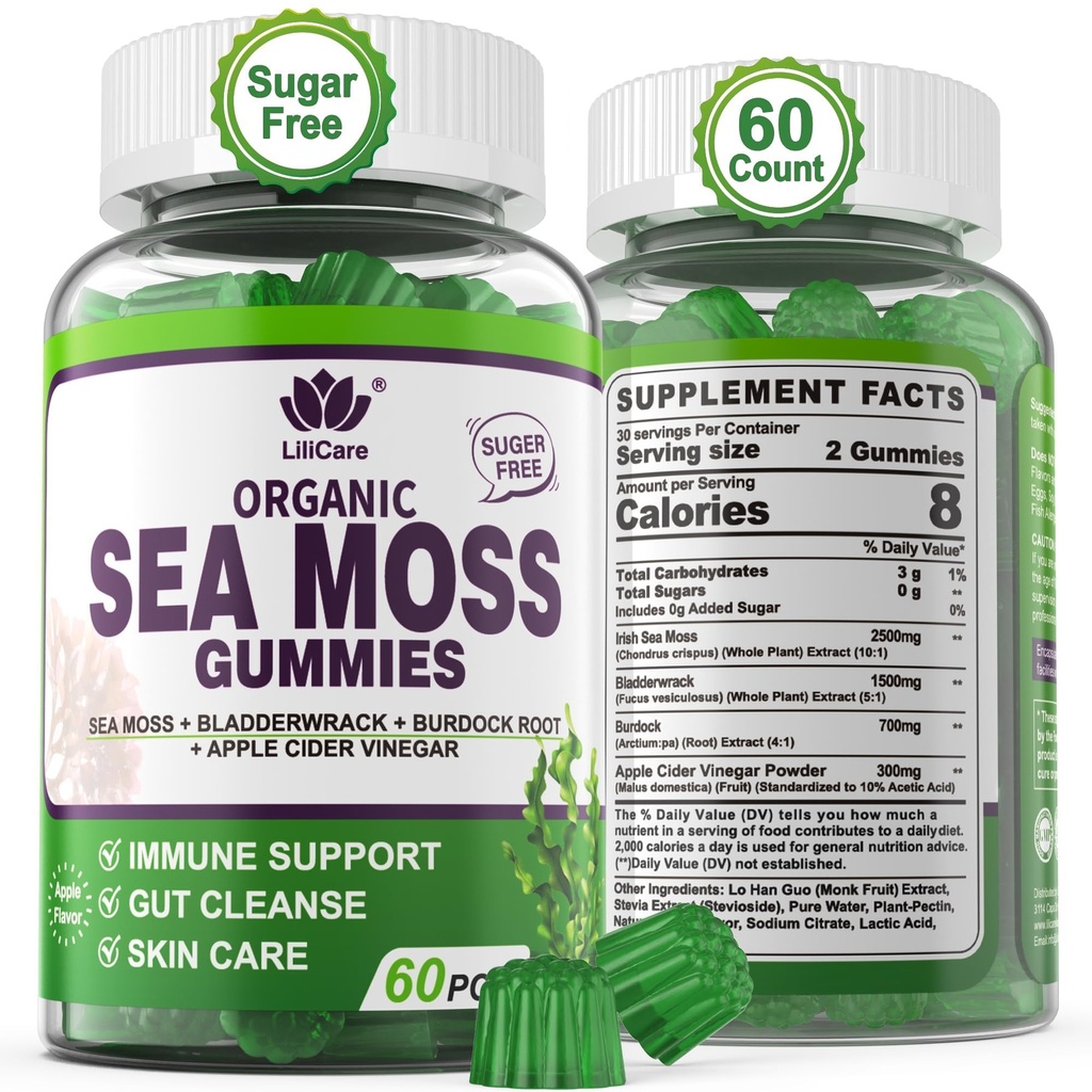Sea Moss Gummys - 爱尔兰海 Moss Gummys for addles & Kids - 高级超级食品 Seamos 补充 有机食品 Bladderwrack & Burdock 根提取 ACV for Daily Immune, Gut Cleanse, Vegan, 60 Counts