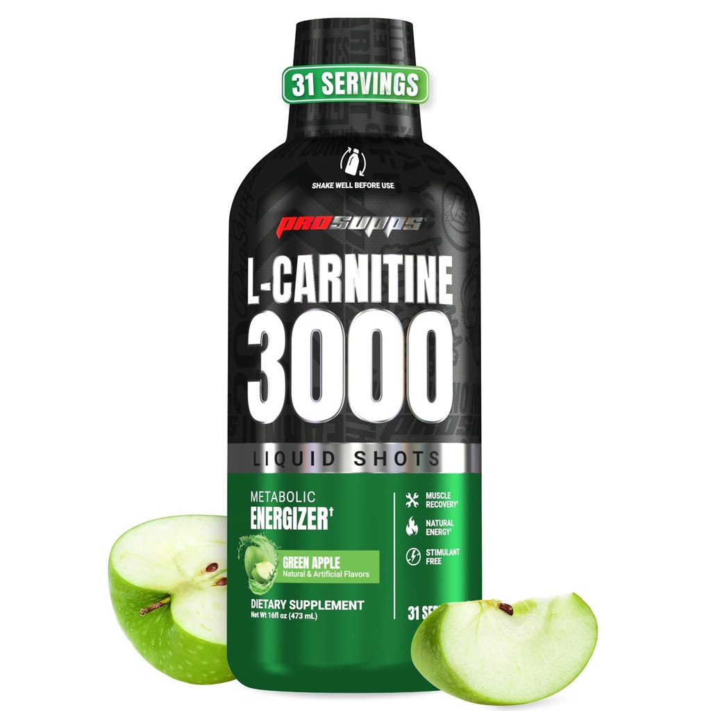 PROSUPPS L-Carnitine Liquid 3000, 男女无兴奋剂液体注射-能源、性能和肌肉恢复的清洁工作饮料-无糖、无碳-31 服务,绿色苹果