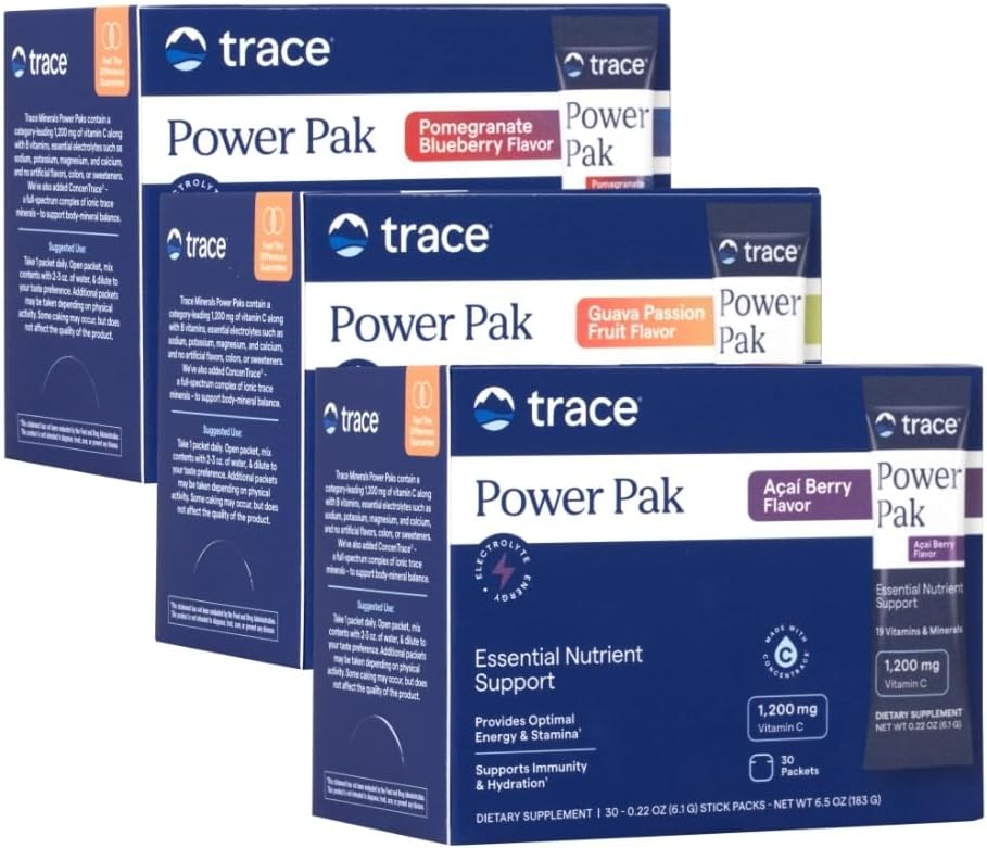 追踪矿物 Power Pak 多维他命和多矿类包 - 电解质支持 - 1200 mg 维生素 C + 70 Acai Berry、蓝莓石榴和Guava Variety - 90 Packets