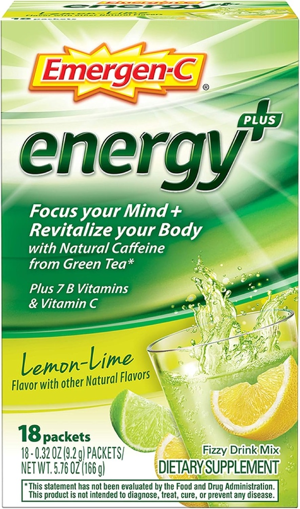 Emergen-C Energy+, With B Vitamins, Vitamin C And Natural Caffeine From Green Tea (18 Count, Blueberry Acai Flavor) Dietary Supplement Drink Mix, 0.33 Ounce Powder Packets
