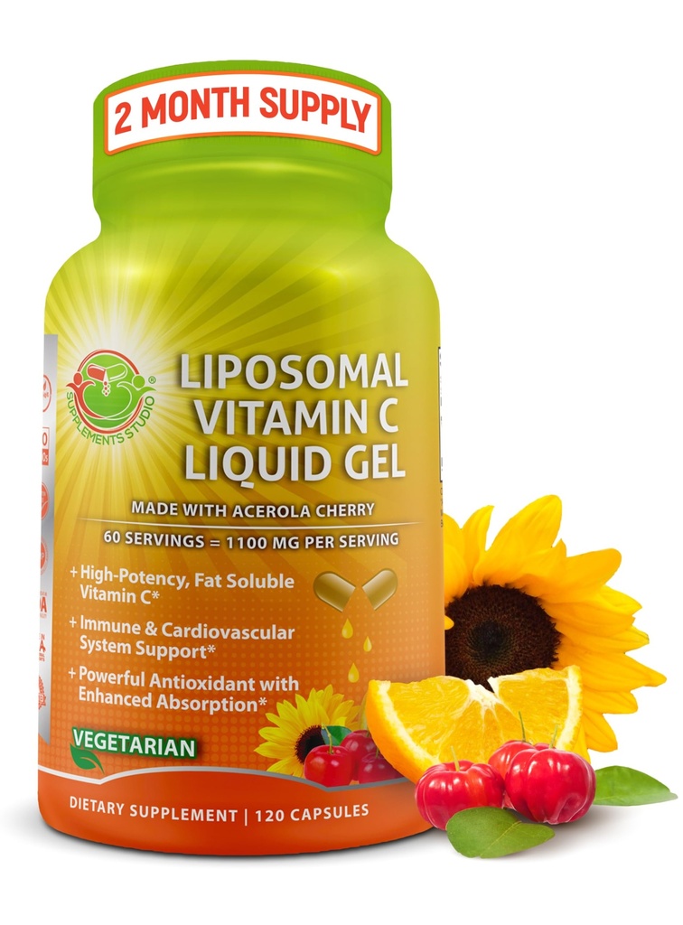 Liposomal维生素C 液态胶囊-1100mg-用有机阿塞罗拉切里(Acerola Cherrys)制成,高发性维生素C liposomal 免疫支持补充剂,增强吸收和生物利用率-120个计数
