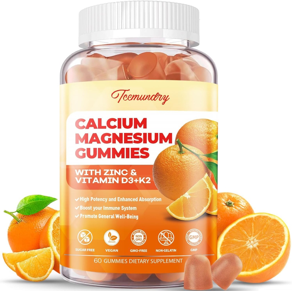 Calcium Magnesium Zinc Gummies with Vitamin D3 & K2 - High Absorption Magnesium Glycinate 400mg - Sugar Free Calcium Supplement - Support Nerve Muscle Mood & Immunity - for Adults Men Women Kids