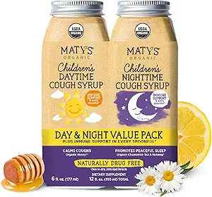 Matys 有机儿童 Cough Syrup Day 和 Night Combo 儿童1年以上,Soothing Cough Relief w/Zinc, Melatonin & Dye Free, 2瓶子, 6个f oz