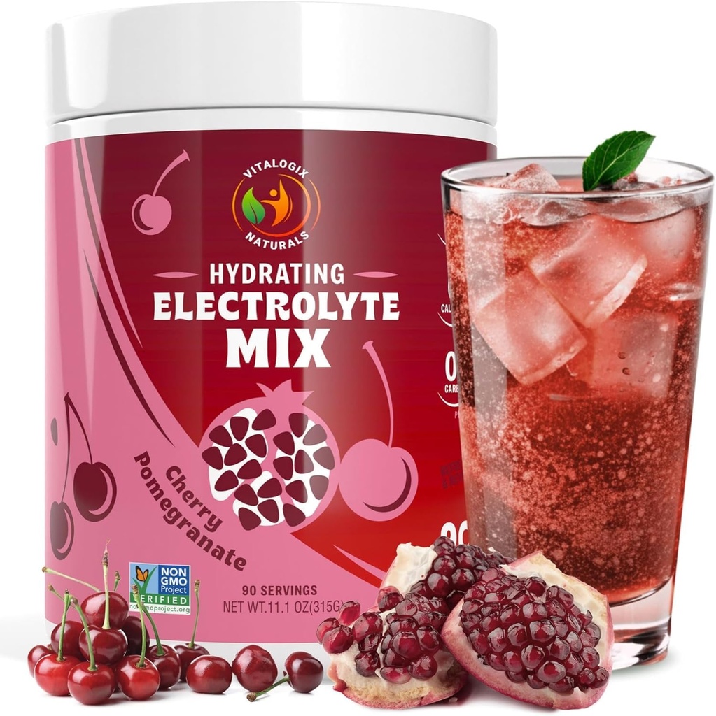 Electrolyte Powder – Cherry Pomegranate Flavor QQ无糖水解混合器,配有6个关键电解质,用于能源,Cramp支持和回收 QQ Keto, Vegan, Fasting 友好 QQ 镁+钾