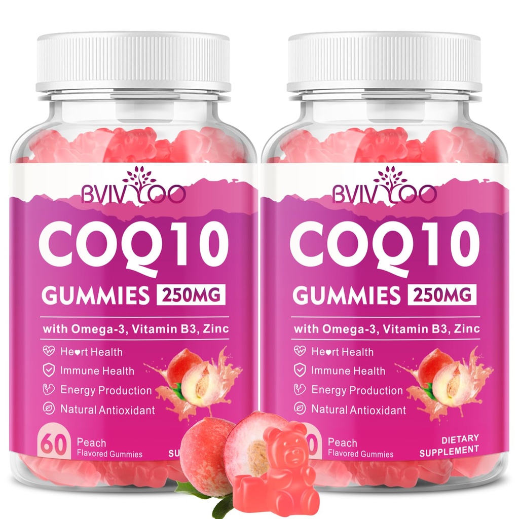 2 Pack CoQ10 Gummys 250mg, Plus Omega-3, 维生素B3 & Zinc, 镁 - 高吸收性Coenzyme Q10 心脏健康,细胞能量,以及抗氧化剂支持的辅助剂, 120 Counter