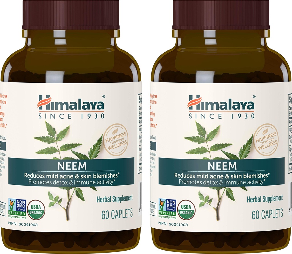喜马拉雅有机neem草药补充剂,用于Mild Acne & Clear Skin、净化、Ayurvedic、USDA认证有机物、非GMO、Vegan、600毫克、60个植物基卡片、2包
