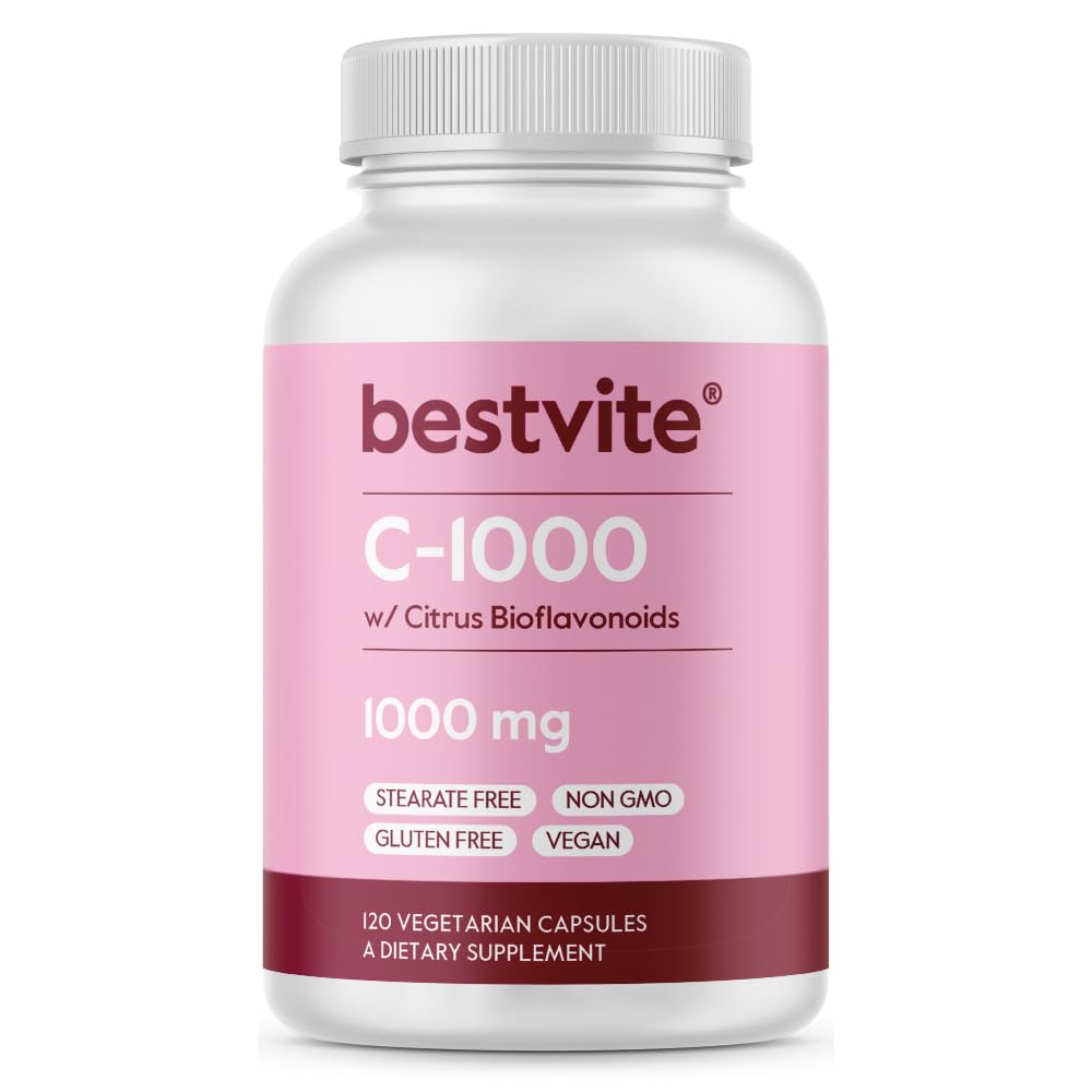 BESTVITE 维生素C 1000mg(120个蔬菜卡普尔),配有 Citrus Bioflavinoids - 无 Stearates - Vegan - 非 GMO - Gluten Free