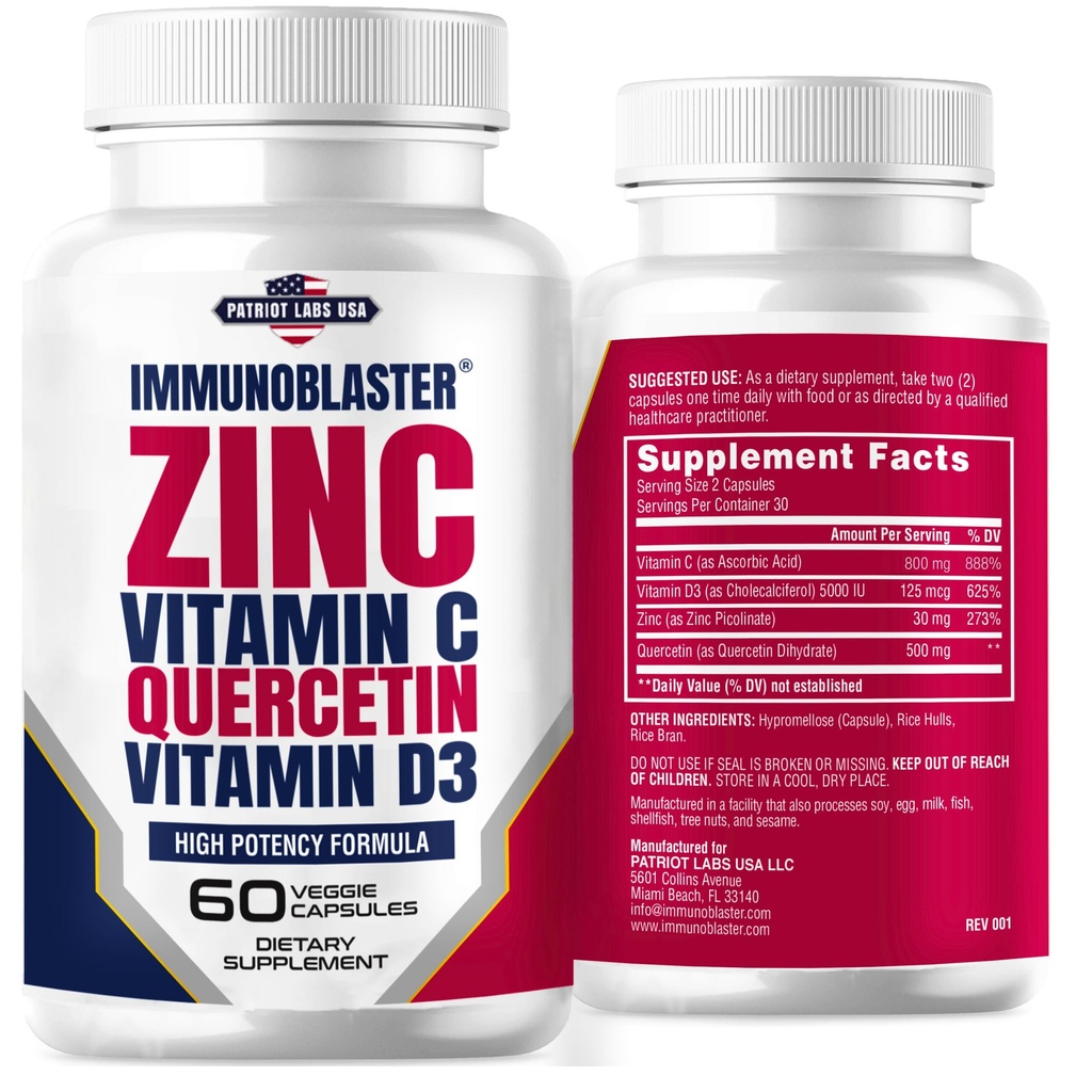 Zinc Quercetin Vitamin C 800 mg with Vitamin D3 Antioxidant Immune Support High Potency Quercetin Zinc Supplement for Men and Women - Gluten, Soy, & Dairy Free - 60 Count (Pack of 1)