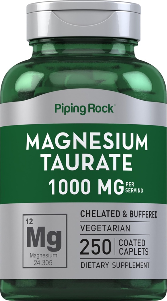 (原始内容存档于2019-09-21) (英语). Piping Rock Magnesium Taurate | 1000mg | 250 caplets | Chelated and buffered | 蔬菜,Non-GMO, Gluten Free Supplement